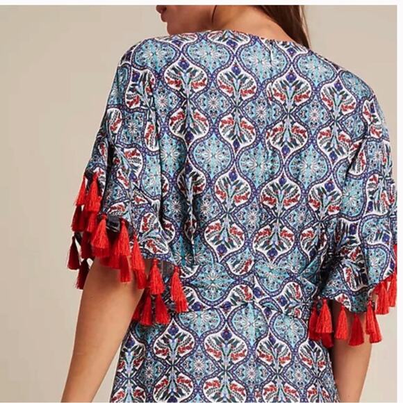 Anthropologie Sachin + Babi Maxi Dress Size 2 Tasseled Red Blue Abstract Satin - Picture 12 of 16